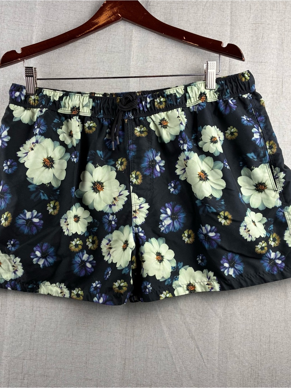 Asos Mens Floral Swim Trunks Black Purple White Daisy Shorts Tropical Vacay L 2X